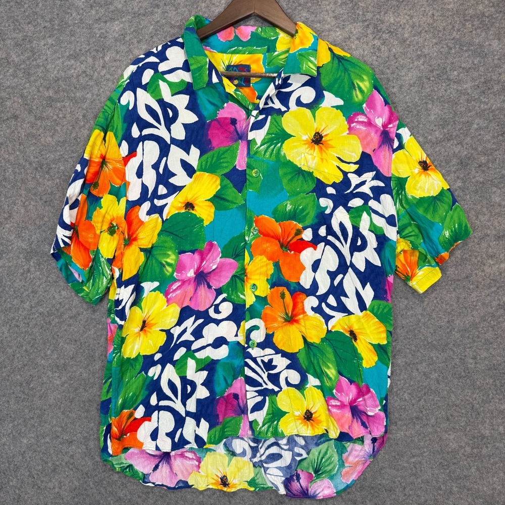 Vintage Jams World Hawaiian Aloha Floral Shirt Mens XL Tropical Flowers 80s 90s